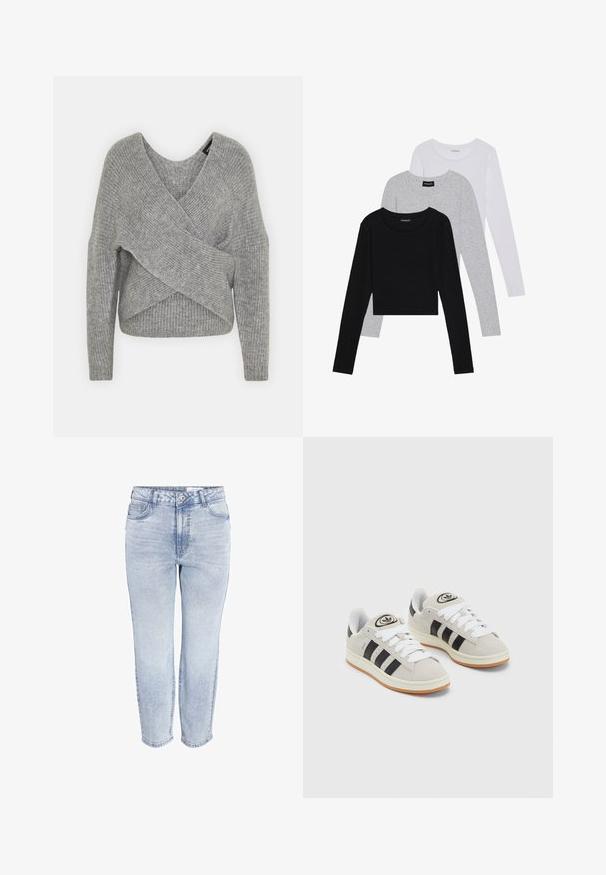 Hallide hallhargus, sügava V-kaelusega, pikkade varrukatega ja ribatrepiga. Valmistatud pehmest kudumismetallist, millel on kihiline, asümmeetriline disain.; Kolm pikkade varrukatega toppi, mis on üksteise peale asetatud: must, hall ja valge. Igal ühel on ümar kaelus ja lühike disain, valmistatud siledast, kergekaalulisest kangast.; Heledad sinine kõrge vöökoht, sirged teksad, millel on ees nupp, tõmblukk ja viis taskut, valge tausta peal.; Hallid hallid nahkrennid valgete paeltega, mustade triipudega ja valge kummitaldiga. Omab ümmargust logo keeles ja kummitalda.