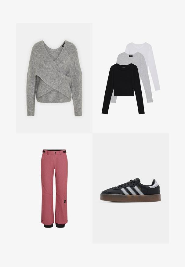 Pilkas aptraukiamas megztinis su giliu V formos iškirpimu, ilgomis rankovėmis ir riešutiniu tekstūru. Pagamintas iš minkštos megztos medžiagos su sluoksniuota, asimetrine konstrukcija.; Trijų ilgomis rankovėmis marškinėlių krūva: juodas, pilkas ir baltas. Kiekvienas turi apvalų iškirpimą ir trumpą dizainą, pagamintas iš lygaus, lengvo audinio.; Raudoni sniego kelnių kelnės su tekstūruotu paviršiumi, juodos elastingos juostos kulkšnose, priekinių kišenių ir prekės ženklo etikete ant kairės kojos.; Juodi sportbačiai su elegantišku dizainu, turintys tris baltas juosteles, juodą liežuvėlį ir tekstūruotą rudą gumos padas. Auksinės rašybos akcentai.