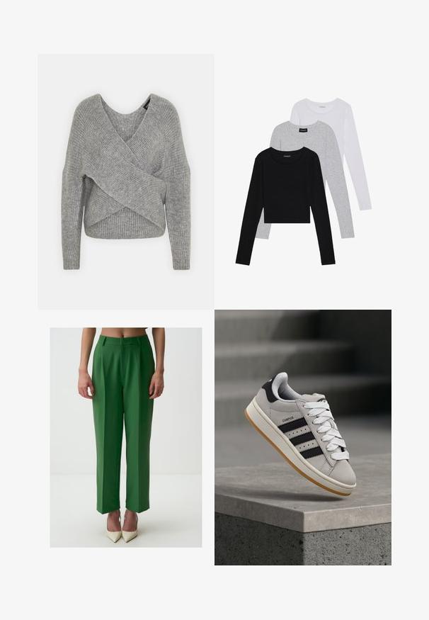 Pull en gris avec un col en V profond, des manches longues et une texture côtelée. Fabriqué en matériau tricoté doux avec un design asymétrique superposé.; Trois hauts à manches longues empilés : noir, gris et blanc. Chacun a un col rond et un design court avec un tissu lisse et léger.; Pantalon vert ajusté à coupe droite, avec une texture lisse, des poches avant dissimulées et une taille classique.; Baskets Adidas Campus grises avec des rayures noires et des lacets blancs flottant au-dessus d'un rebord en béton avec des escaliers en arrière-plan.