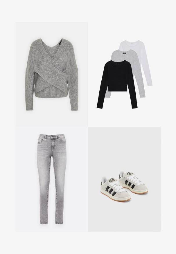 Harmaa neulejakku, jossa on syvä V-kaula-aukko, pitkät hihat ja ribboitu pinta. Valmistettu pehmeästä neuloksesta, jossa on kerroksellinen ja epäsymmetrinen muotoilu.; Kolme pitkähihasta paita päällekkäin: musta, harmaa ja valkoinen. Jokaisessa on pyöreä pääntie ja lyhennetty muotoilu, jossa on sileä ja kevyt kangas.; Kapeetit farkut haalistuneessa harmaassa pesussa, valmistettu denimistä. Ominaisuuksiin kuuluu nappi- ja vetskarisulku, viisi taskua ja hienovarainen kulutusefekti.; Harmaat mokkasiinikenkä, joissa on valkoiset nauhat, mustat raidat ja valkoinen kumipohja. Kantajassa on pyöreä logo ja vaaleanruskea pohja.