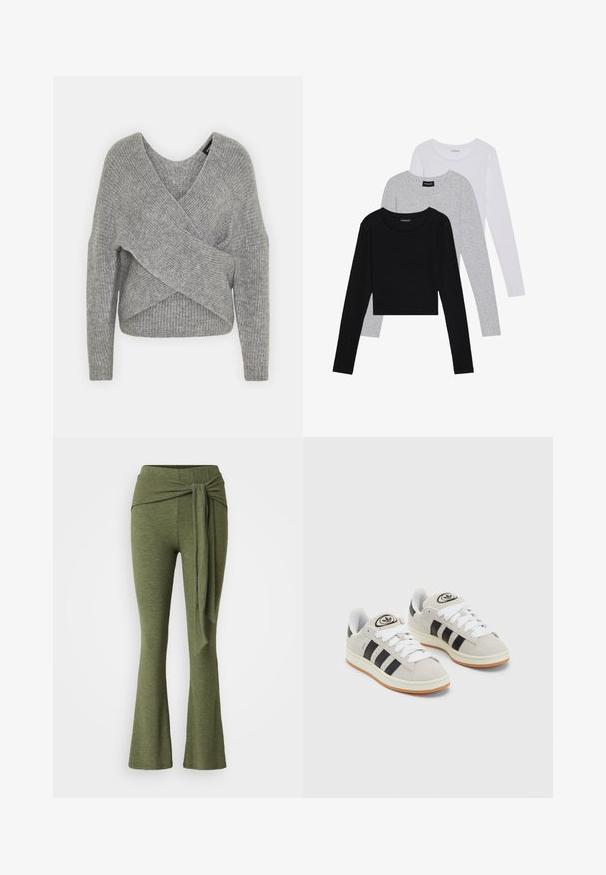 Grau umwickelter Pullover mit tiefem V-Ausschnitt, langen Ärmeln und gerippter Textur. Hergestellt aus einem weichen Strickmaterial mit einem geschichteten, asymmetrischen Design.; Drei langärmelige Oberteile gestapelt: schwarz, grau und weiß. Jedes hat einen runden Halsausschnitt und ein kurzes Design aus glattem, leichtem Stoff.; Olivengrüne Hose aus einem weichen Stoff mit einem ausgestellten Bein-Design. Verfügt über ein markantes Knoten-Detail an der hohen Taille.; Graue Wildledersneaker mit weißen Schnürsenkeln, schwarzen Streifen und einer weißen Gummisohle. Merkmale sind ein kreisförmiges Logo auf der Zunge und eine Gummisohle.