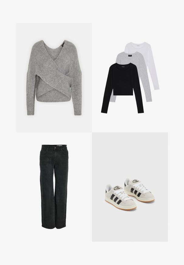 Grå omslagssweater med dyp V-hals, lange ermer og ribbestruktur. Laget av et mykt strikket materiale med et lagdelt, asymmetrisk design.; Tre lange ermer t-skjorter stablet: svart, grå og hvit. Hver har en rund hals og et kort design med glatt, lett stoff.; Sorte vide benbukser laget av denim, med en klassisk fem-lommers design og glidelås med knappelukking. Glatt tekstur.; Grå semsket sneakers med hvite lisser, svarte striper og en hvit gummisåle. Har en sirkulær logo på tungen og en gummisåle.