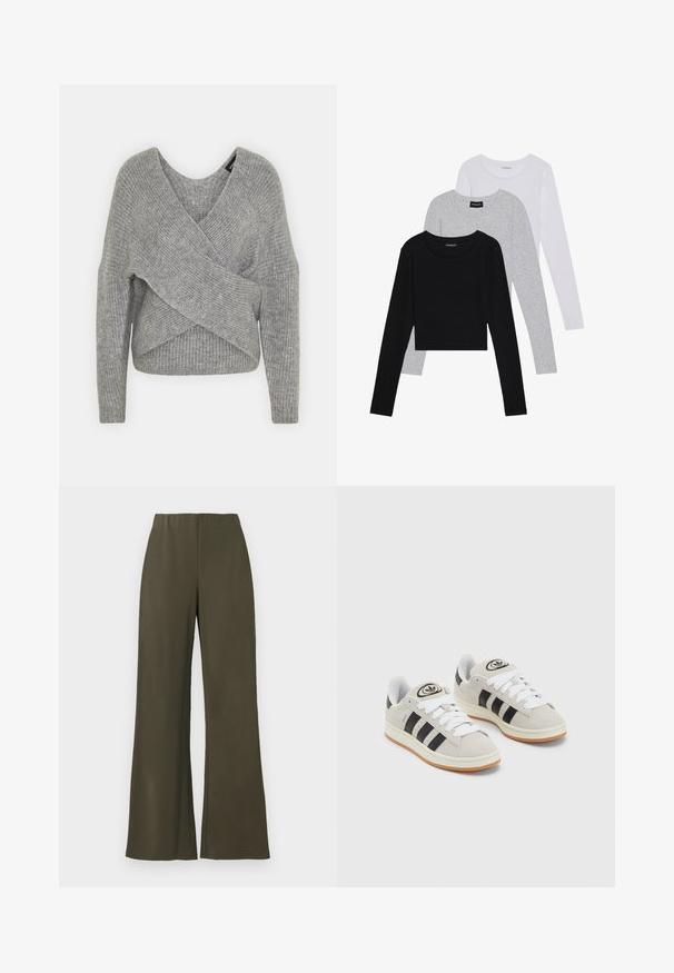 Siva ovitek pulover z globokim V-izrezom, dolgimi rokavi in ribasto teksturo. Narejen iz mehke pletene tkanine z plastnim, asimetričnim dizajnom.; Tri dolga rokava zložena: črna, siva in bela. Vsaka ima okroglo izreznico in skrajšan dizajn z gladkim, lahkotnim materialom.; Olivno zeleni široki hlače z elastiko v pasu, gladka tkanina in brez žepov, ki se ponašajo s čistim, minimalističnim dizajnom.; Sive športne čevlje iz semiša z belimi vezalkami, črnimi črtami in belim gumijastim podplatom. Imajo okroglo oznako na ježku in podplat iz gume.