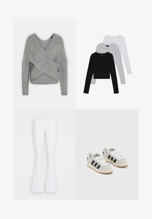 Grijze wikkeltrui met een diepe V-hals, lange mouwen en ribbelstructuur. Gemaakt van een zachte gebreide stof met een gelaagd, asymmetrisch ontwerp.; Drie langmouwige tops gestapeld: zwart, grijs en wit. Elke top heeft een ronde halslijn en een cropped ontwerp van soepel, lichtgewicht materiaal.; Witte flared jeans van denim, met vijf zakken, een knoopsluiting aan de voorkant en een soepele textuur. Schone, minimalistische ontwerp.; Grijze nubucklederen sneakers met witte veters, zwarte strepen en een witte rubberen zool. Bevat een rond logo op de tong en een gumzool.