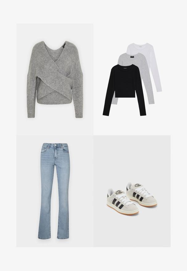 Suéter cinza envolvente com um decote em V profundo, mangas longas e textura canelada. Feito de um material de malha suave com um design assimétrico em camadas.; Três camisetas de manga longa empilhadas: preta, cinza e branca. Cada uma tem um decote redondo e um design cropped, feitas de um tecido leve e suave.; Jeans flare de denim azul claro com cintura alta, apresentando fecho com zíper e botão, cinco bolsos e um desbotado suave ao longo das pernas.; Tênis de camurça cinza com atacadores brancos, riscas pretas e uma sola de borracha branca. Apresenta um logótipo circular na língua e uma sola de borracha.