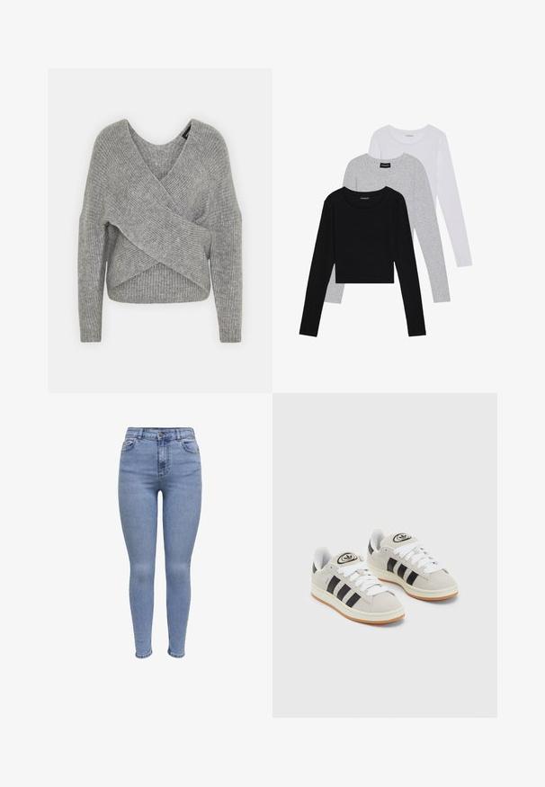 Pelēka apvalka džemperis ar dziļu V veida kakla izgriezumu, garām piedurknēm un ribu tekstūru. Izgatavots no mīksta adījuma materiāla ar slāņotu, asimetrisku dizainu.; Trīs garām piedurknēm veidotas augšdaļas, sakrautās: melna, pelēka un balta. Katram ir noapaļots kakla izgriezums un īsa dizaina forma ar gludu, vieglu audumu.; Šauri džinsi gaismas zilā denima ar augstu jostasvietu, piecu kabatu dizainu, priekšējo pogu aizdari un viegli izbalējušiem akcentiem.; Pelēkas zamšādas kedas ar baltām saites, melnām svītrām un baltu gumijas zoli. Raksturīga apļa logo uz mēles un gumijas zole.