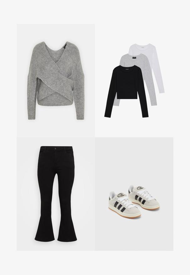 Maglione avvolgente grigio con scollatura a V profonda, maniche lunghe e texture a coste. Realizzato in un morbido materiale in maglia con un design asimmetrico a strati.; Tre magliette a maniche lunghe impilate: nera, grigia e bianca. Ognuna ha un colletto rotondo e un design accorciato con tessuto morbido e leggero.; Jeans neri a zampa d'elefante con vita aderente, design classico a cinque tasche e tessuto denim liscio con una leggera elasticità.; Sneakers in suede grigio con lacci bianchi, strisce nere e suola in gomma bianca. Presentano un logo circolare sulla linguetta e una suola in gomma.