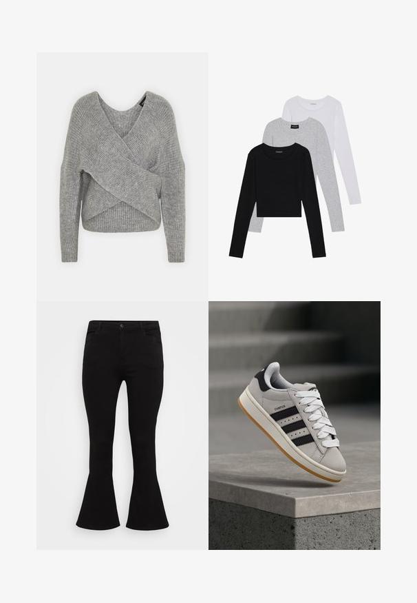 Grå indpakningssweater med dyb V-udskæring, lange ærmer og ribbet tekstur. Fremstillet i et blødt strikkemateriale med et lagdelt, asymmetrisk design.; Tre langærmede toppe stablet: sort, grå og hvid. Hver har en rund halsudskæring og et cropped design med glat, let stof.; Sorte flarejeans med en figursyet talje, standard fem-lommet design og en glat denimtekstur med en subtil stræk.; Grå Adidas Campus-sneaker med sorte striber og hvide snørebånd, der svæver over en betonkant med trapper i baggrunden.
