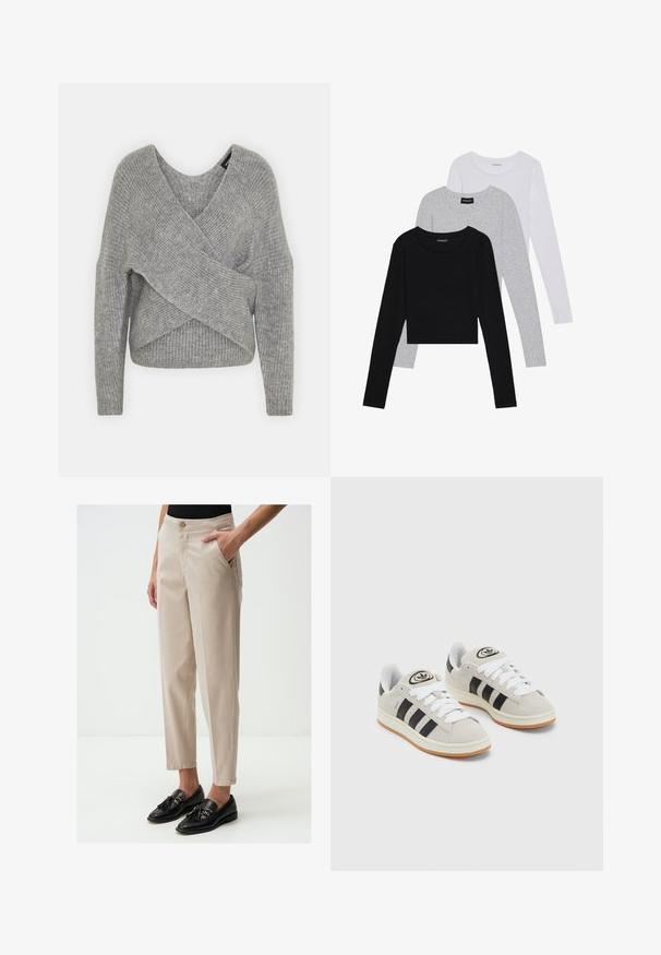 Grau umwickelter Pullover mit tiefem V-Ausschnitt, langen Ärmeln und gerippter Textur. Hergestellt aus einem weichen Strickmaterial mit einem geschichteten, asymmetrischen Design.; Drei langärmelige Oberteile gestapelt: schwarz, grau und weiß. Jedes hat einen runden Halsausschnitt und ein kurzes Design aus glattem, leichtem Stoff.; Beige maßgeschneiderte Hose mit seitlichen Taschen, schmalem Schnitt und einem Knopfverschluss an der Taille, kombiniert mit schwarzen Slippern mit Quastenverzierung.; Graue Wildledersneaker mit weißen Schnürsenkeln, schwarzen Streifen und einer weißen Gummisohle. Merkmale sind ein kreisförmiges Logo auf der Zunge und eine Gummisohle.