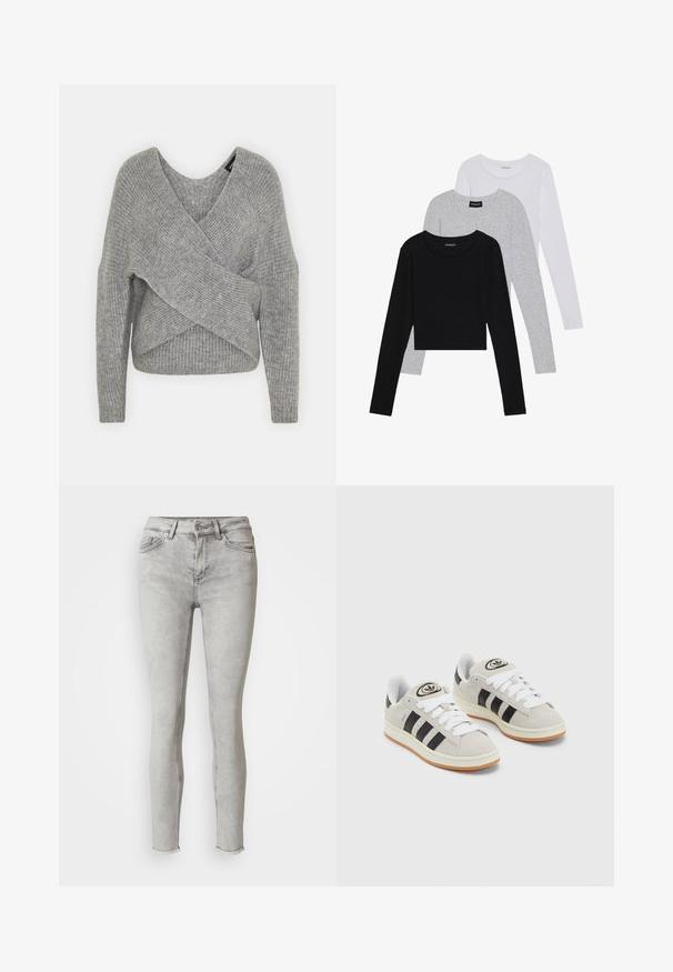 Grå omslagssweater med dyp V-hals, lange ermer og ribbestruktur. Laget av et mykt strikket materiale med et lagdelt, asymmetrisk design.; Tre lange ermer t-skjorter stablet: svart, grå og hvit. Hver har en rund hals og et kort design med glatt, lett stoff.; Lysegrå skinny jeans laget av denim, med høy midje, fem-lomme design, og slitt ankelkant. Glatt tekstur med subtil falming.; Grå semsket sneakers med hvite lisser, svarte striper og en hvit gummisåle. Har en sirkulær logo på tungen og en gummisåle.