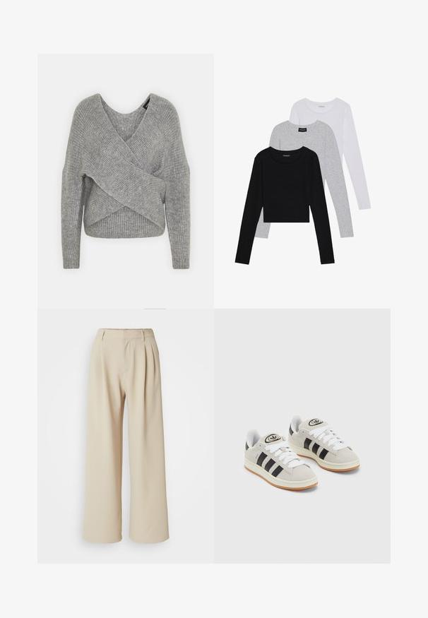 Gray wrap sweater with a deep V-neck, long sleeves, and ribbed texture. Made from a soft knit material with a layered, asymmetrical design.; Three long-sleeve tops stacked: black, grey, and white. Each has a round neckline and a cropped design with smooth, lightweight fabric.; Beige wide-leg trousers featuring a high waist, pleated front, and smooth fabric texture. No visible fastenings or patterns.; Gray suede sneakers with white laces, black stripes, and a white rubber sole. Features a circular logo on the tongue and a gum sole.