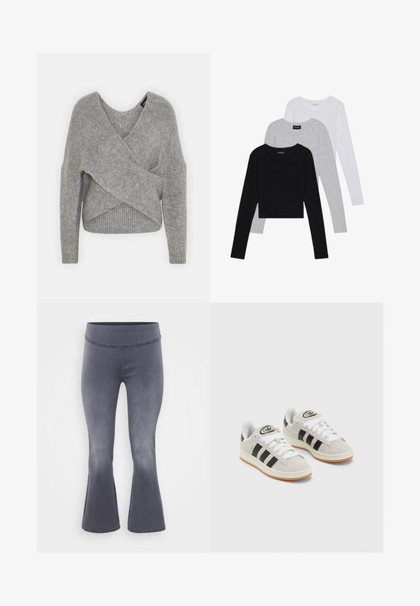 Siva ovitek pulover z globokim V-izrezom, dolgimi rokavi in ribasto teksturo. Narejen iz mehke pletene tkanine z plastnim, asimetričnim dizajnom.; Tri dolga rokava zložena: črna, siva in bela. Vsaka ima okroglo izreznico in skrajšan dizajn z gladkim, lahkotnim materialom.; Sive široke hlače s širokim pasom. Gladek material s rahlim leskom, ki se zgoraj blešči temneje in proti dnu postaja svetlejši.; Sive športne čevlje iz semiša z belimi vezalkami, črnimi črtami in belim gumijastim podplatom. Imajo okroglo oznako na ježku in podplat iz gume.