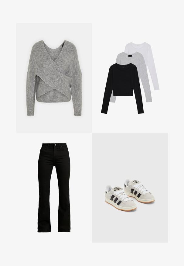 Grå omslagssweater med dyp V-hals, lange ermer og ribbestruktur. Laget av et mykt strikket materiale med et lagdelt, asymmetrisk design.; Tre lange ermer t-skjorter stablet: svart, grå og hvit. Hver har en rund hals og et kort design med glatt, lett stoff.; Svarte flarejeans laget av bomullsmiks. Har høy midje, standard fem-lommers design, frontknapplukking og glatt tekstur.; Grå semsket sneakers med hvite lisser, svarte striper og en hvit gummisåle. Har en sirkulær logo på tungen og en gummisåle.