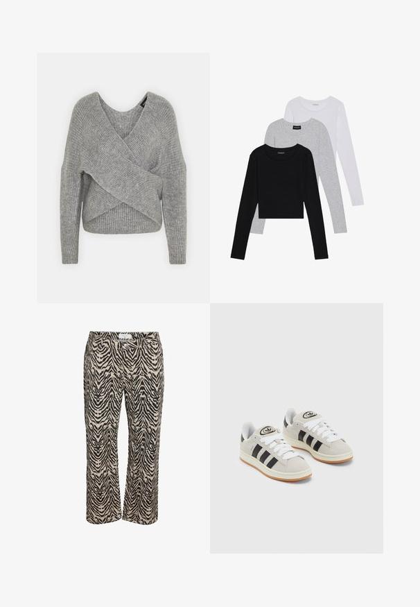 Siva omotana vestica s dubokim V-izrezom, dugim rukavima i rebrastom teksturom. Izrađena od mekog pletenog materijala s slojevitim, asimetričnim dizajnom.; Tri dugih rukava posložena: crna, siva i bijela. Svaka ima okrugli izrez i skrateni kroj s glatkom, laganom tkaninom.; Bež hlače s crnim uzorkom zebre, ravnog kroja, s prednjim džepovima i zatvaranjem na gumb.; Sive suede tenisice s bijelim vezicama, crnim prugama i bijelim gumiranim potplatom. Imaju kružni logo na jeziku i gumeni potplat.