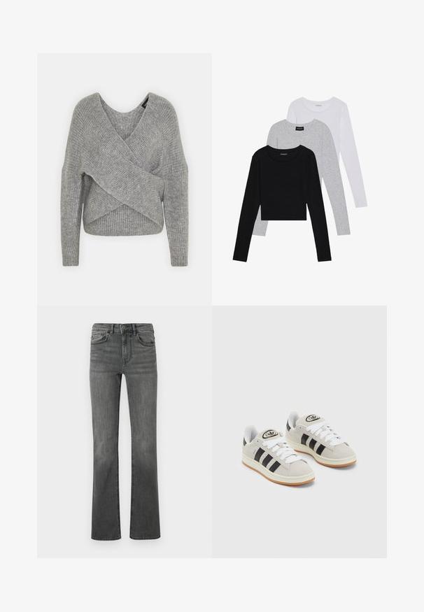 Maglione avvolgente grigio con scollatura a V profonda, maniche lunghe e texture a coste. Realizzato in un morbido materiale in maglia con un design asimmetrico a strati.; Tre magliette a maniche lunghe impilate: nera, grigia e bianca. Ognuna ha un colletto rotondo e un design accorciato con tessuto morbido e leggero.; Jeans a zampa d'elefante in denim grigio scuro con vita alta, cinque tasche e chiusura con un singolo bottone. Tessuto morbido con leggera scoloritura.; Sneakers in suede grigio con lacci bianchi, strisce nere e suola in gomma bianca. Presentano un logo circolare sulla linguetta e una suola in gomma.