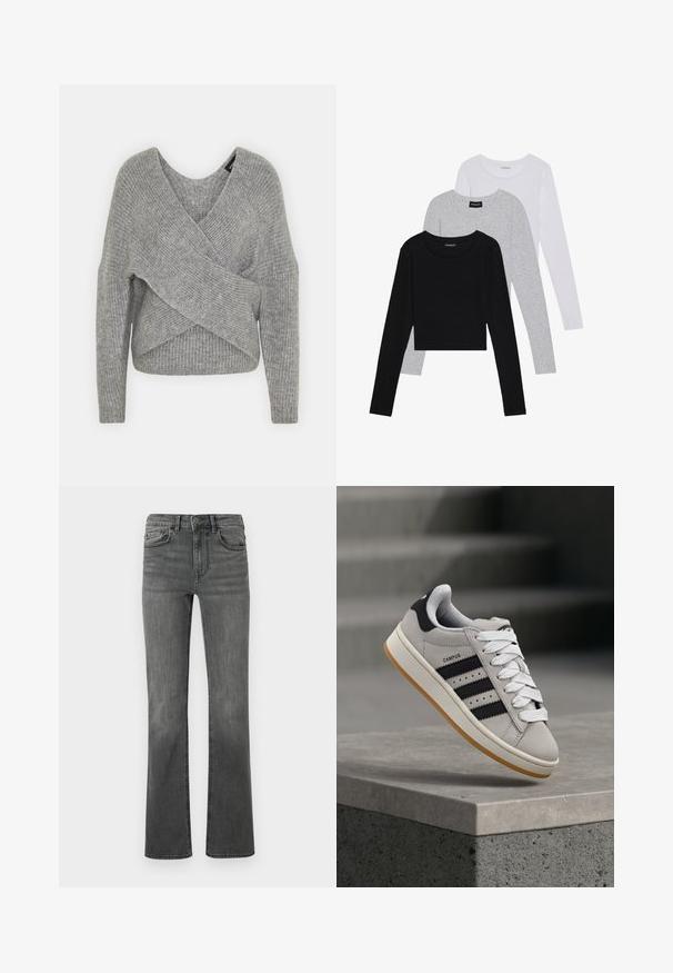 Gray wrap sweater with a deep V-neck, long sleeves, and ribbed texture. Made from a soft knit material with a layered, asymmetrical design.; Three long-sleeve tops stacked: black, grey, and white. Each has a round neckline and a cropped design with smooth, lightweight fabric.; Flared jeans in dark gray denim with a high waistband, five pockets, and a single button closure. Smooth texture with slight fading.; adidas Originals CAMPUS 00S W - Trainers - crystal white/core black/off white