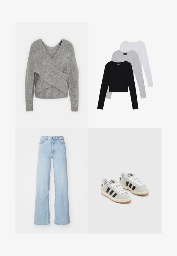 Pilkas aptraukiamas megztinis su giliu V formos iškirpimu, ilgomis rankovėmis ir riešutiniu tekstūru. Pagamintas iš minkštos megztos medžiagos su sluoksniuota, asimetrine konstrukcija.; Trijų ilgomis rankovėmis marškinėlių krūva: juodas, pilkas ir baltas. Kiekvienas turi apvalų iškirpimą ir trumpą dizainą, pagamintas iš lygaus, lengvo audinio.; Šviesiai mėlyni plačių kojų džinsai, pagaminti iš denimo. Turi aukštą liemenį, priekinį užsegimą ir dvi kišenes. Slygi tekstūra su švelniu išblukimu.; Grynos zomšos sneakeriai su baltais raišteliais, juodomis juostelėmis ir balta gumine sole. Turintys apskritą logotipą ant liežuvėlio ir guminę sole.