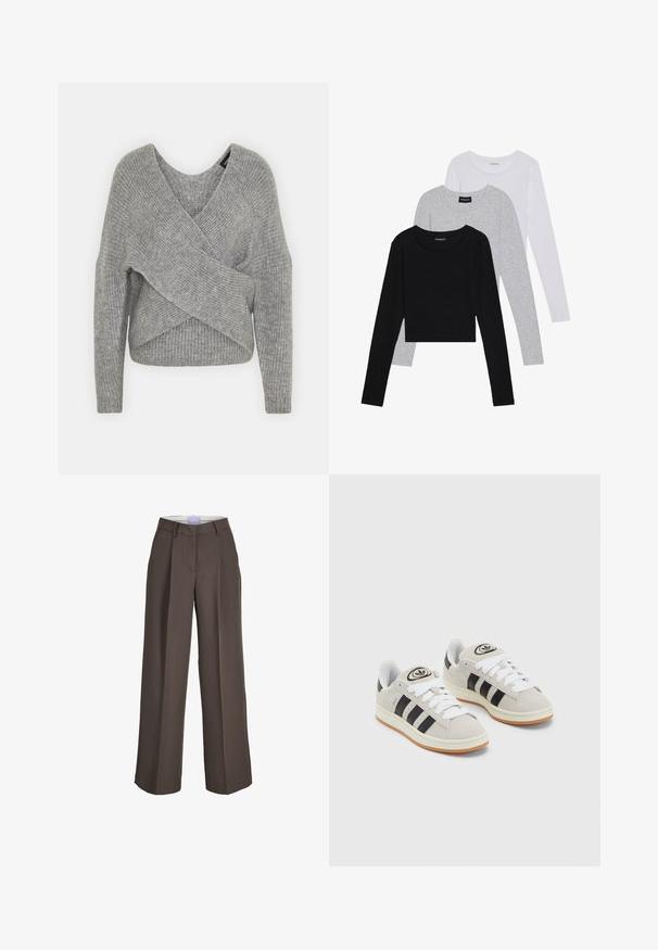 Sivý cardigan s hlbokým V- výstrihom, dlhými rukávmi a rebrovanou textúrou. Vyrobený z mäkkého pleteného materiálu s viacvrstvovým, asymetrickým dizajnom.; Tričko s dlhým rukávom v troch farbách: čiernej, sivej a bielej. Každé má okrúhly výstrih a skrátený strih vyrobený z hladkej, ľahkej tkaniny.; Široké nohavice z hnedej látky, s vysokým pásom, prednými skladmi a hladkou textúrou. Obsahujú pútka na opasok pre zvýraznenie detailu.; Sivé semišové tenisky s bielymi šnúrkami, čiernymi pruhmi a bielou gumovou podrážkou. Obsahujú okrúhly logo na jazyku a gumenú podrážku.
