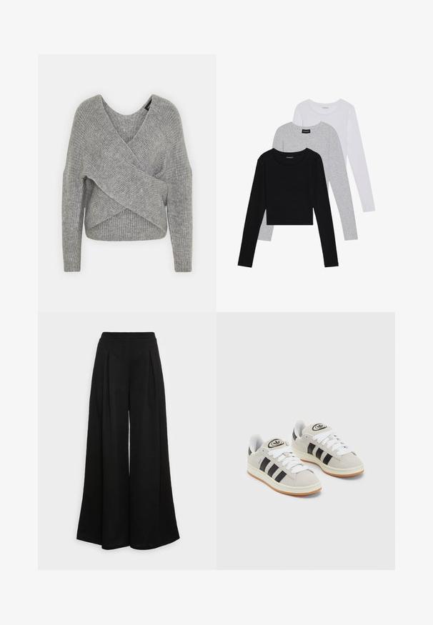 Pull en gris avec un col en V profond, des manches longues et une texture côtelée. Fabriqué en matériau tricoté doux avec un design asymétrique superposé.; Trois hauts à manches longues empilés : noir, gris et blanc. Chacun a un col rond et un design court avec un tissu lisse et léger.; Pantalons noirs à jambes larges en tissu doux, avec des plis sur le devant et une taille haute, garantissant une silhouette fluide.; Baskets en suède gris avec des lacets blancs, des rayures noires et une semelle en caoutchouc blanc. Présentent un logo circulaire sur la languette et une semelle en gomme.