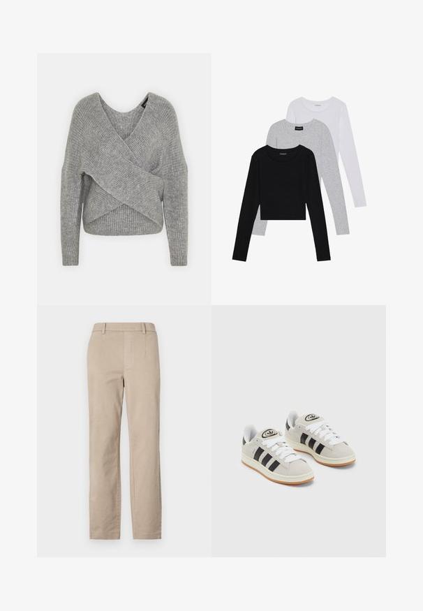 Hallide hallhargus, sügava V-kaelusega, pikkade varrukatega ja ribatrepiga. Valmistatud pehmest kudumismetallist, millel on kihiline, asümmeetriline disain.; Kolm pikkade varrukatega toppi, mis on üksteise peale asetatud: must, hall ja valge. Igal ühel on ümar kaelus ja lühike disain, valmistatud siledast, kergekaalulisest kangast.; Beige puuvillased püksid otse säärega disainiga, millel on vöörihmade jaoks silmad ja ei ole nähtavaid kaunistusi ega mustreid.; Hallid hallid nahkrennid valgete paeltega, mustade triipudega ja valge kummitaldiga. Omab ümmargust logo keeles ja kummitalda.