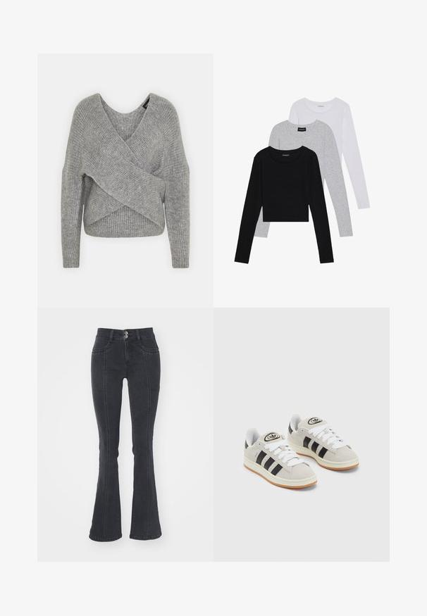 Szürke, mély V kivágású, hosszú ujjú kötött pulóver, bordás textúrával. Puha kötött anyagból készült, réteges, aszimmetrikus dizájnnal.; Három hosszú ujjú póló egymásra rakva: fekete, szürke és fehér. Mindegyiknek kerek nyaka van, és rövidített fazonnal rendelkezik, sima, könnyű anyagból készült.; Fekete, trapéz fazonú farmernadrág, magas derékkal, két elülső és két hátsó zsebbel, látható varrásmintákkal.; Szürke velúr sportcipők fehér fűzővel, fekete csíkokkal és fehér gumitalppal. A nyelvén kör alakú logó található, illetve a talpa színes gumi.