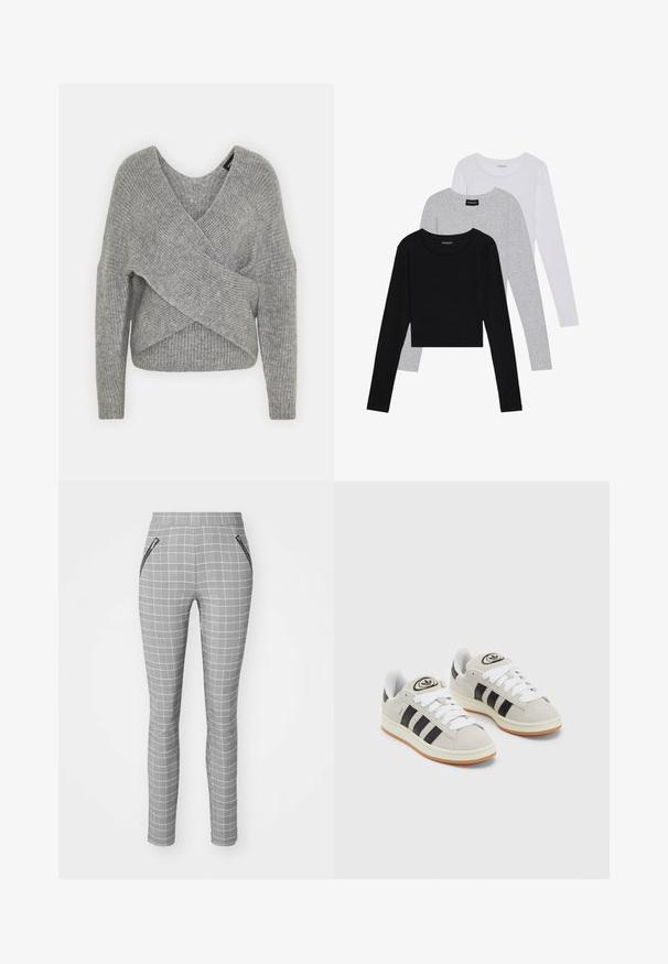 Pull en gris avec un col en V profond, des manches longues et une texture côtelée. Fabriqué en matériau tricoté doux avec un design asymétrique superposé.; Trois hauts à manches longues empilés : noir, gris et blanc. Chacun a un col rond et un design court avec un tissu lisse et léger.; Pantalons à carreaux gris avec une coupe slim, dotés d'une taille haute et de poches latérales zippées. Le tissu a une texture lisse et un motif détaillé.; Baskets en suède gris avec des lacets blancs, des rayures noires et une semelle en caoutchouc blanc. Présentent un logo circulaire sur la languette et une semelle en gomme.