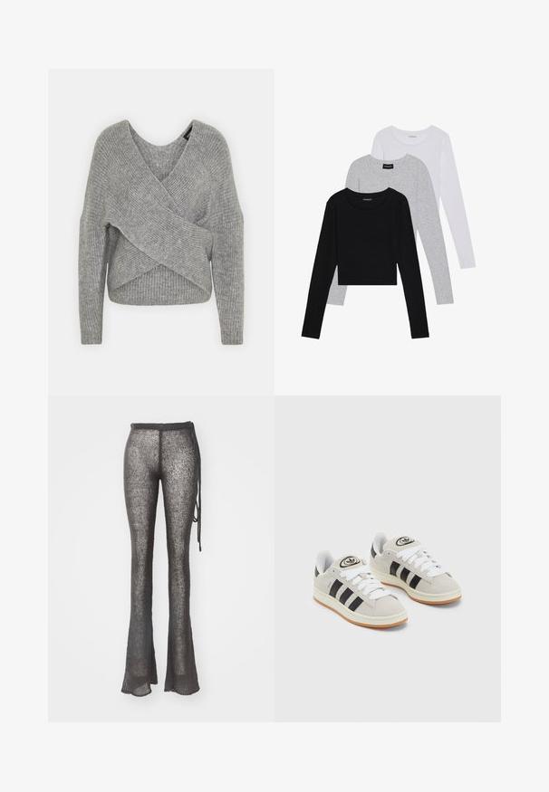 Šedý svetr s volnějším V-výstřihem, dlouhými rukávy a žebrovanou strukturou. Vyrobeno z měkké pleteniny s vrstveným, asymetrickým designem.; Tři trička s dlouhým rukávem naskládaná na sobě: černé, šedé a bílé. Každé má kulatý výstřih a kratší střih z hladkého, lehkého materiálu.; Vyboulené pletené kalhoty v tmavě šedé barvě s otevřeným tkaním. Mají nastavovací pás a texturovanou látku.; Šedé semišové tenisky s bílými tkaničkami, černými pruhy a bílou gumovou podrážkou. Mají kulaté logo na jazyku a gumovou podrážku.