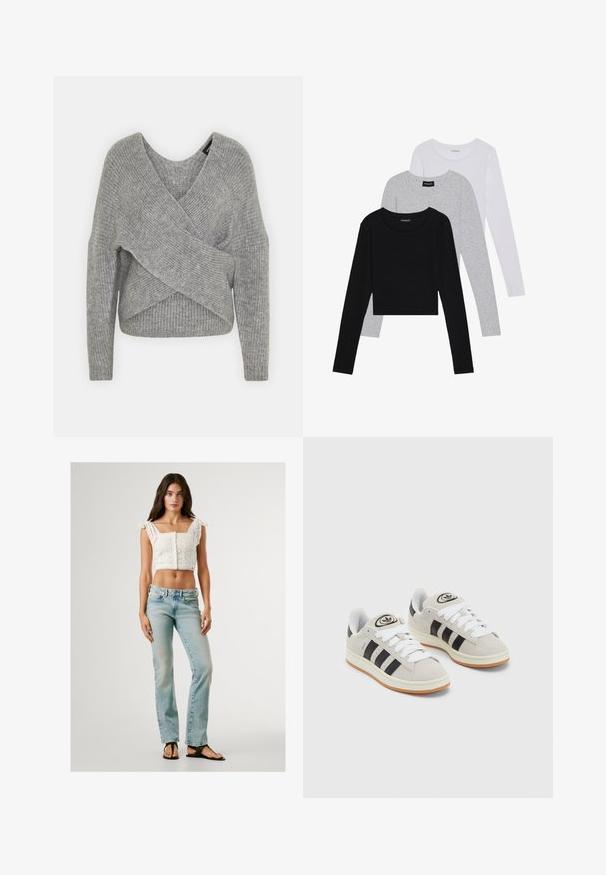 Gray wrap sweater with a deep V-neck, long sleeves, and ribbed texture. Made from a soft knit material with a layered, asymmetrical design.; Three long-sleeve tops stacked: black, grey, and white. Each has a round neckline and a cropped design with smooth, lightweight fabric.; White crop top with eyelet design and scalloped hem, paired with light blue straight-leg jeans and black flip-flops.; Gray suede sneakers with white laces, black stripes, and a white rubber sole. Features a circular logo on the tongue and a gum sole.