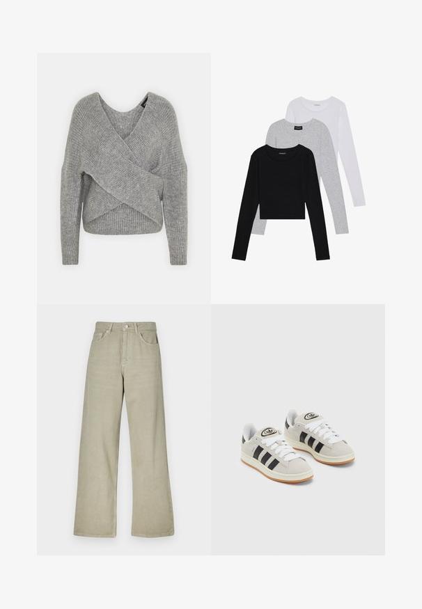 Pelēka apvalka džemperis ar dziļu V veida kakla izgriezumu, garām piedurknēm un ribu tekstūru. Izgatavots no mīksta adījuma materiāla ar slāņotu, asimetrisku dizainu.; Trīs garām piedurknēm veidotas augšdaļas, sakrautās: melna, pelēka un balta. Katram ir noapaļots kakla izgriezums un īsa dizaina forma ar gludu, vieglu audumu.; Kaki platās kājas džinsi, izgatavoti no kokvilnas maisījuma. Iekļauj pogu aizdari, piecas kabatas un tīru, teksturētu auduma apdari.; Pelēkas zamšādas kedas ar baltām saites, melnām svītrām un baltu gumijas zoli. Raksturīga apļa logo uz mēles un gumijas zole.