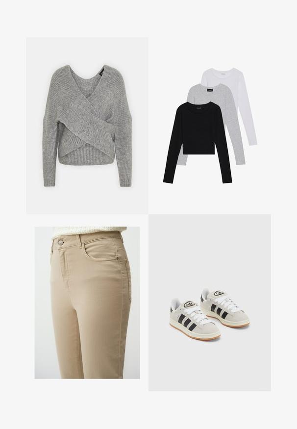Grijze wikkeltrui met een diepe V-hals, lange mouwen en ribbelstructuur. Gemaakt van een zachte gebreide stof met een gelaagd, asymmetrisch ontwerp.; Drie langmouwige tops gestapeld: zwart, grijs en wit. Elke top heeft een ronde halslijn en een cropped ontwerp van soepel, lichtgewicht materiaal.; Beige denim jeans met een slim fit, voorzien van voorzakken, een metalen knoopsluiting en minimale stikdetails voor een gladde afwerking.; Grijze nubucklederen sneakers met witte veters, zwarte strepen en een witte rubberen zool. Bevat een rond logo op de tong en een gumzool.