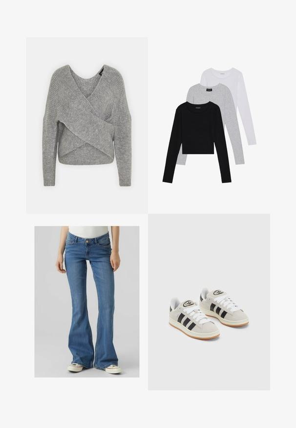 Pelēka apvalka džemperis ar dziļu V veida kakla izgriezumu, garām piedurknēm un ribu tekstūru. Izgatavots no mīksta adījuma materiāla ar slāņotu, asimetrisku dizainu.; Trīs garām piedurknēm veidotas augšdaļas, sakrautās: melna, pelēka un balta. Katram ir noapaļots kakla izgriezums un īsa dizaina forma ar gludu, vieglu audumu.; Izbalējuši zili plati džinsi ar augstu jostasvietu, priekšējām kabatām un pogu aizdari. Mīksta džinsa tekstūra ar saskatāmām šuvju detaļām.; Pelēkas zamšādas kedas ar baltām saites, melnām svītrām un baltu gumijas zoli. Raksturīga apļa logo uz mēles un gumijas zole.