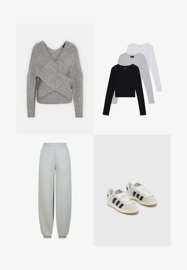Grijze wikkeltrui met een diepe V-hals, lange mouwen en ribbelstructuur. Gemaakt van een zachte gebreide stof met een gelaagd, asymmetrisch ontwerp.; Drie langmouwige tops gestapeld: zwart, grijs en wit. Elke top heeft een ronde halslijn en een cropped ontwerp van soepel, lichtgewicht materiaal.; Grijze sweatpants met een elastische tailleband, taps toelopende boorden en een gladde textuur. Ze zijn losvallend zonder zichtbare patronen of versieringen.; Grijze nubucklederen sneakers met witte veters, zwarte strepen en een witte rubberen zool. Bevat een rond logo op de tong en een gumzool.