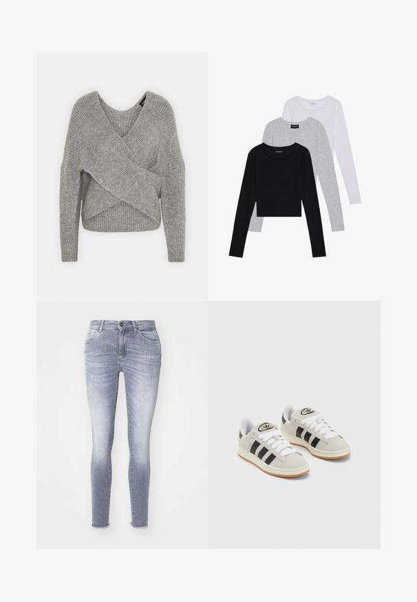 Gray wrap sweater with a deep V-neck, long sleeves, and ribbed texture. Made from a soft knit material with a layered, asymmetrical design.; Three long-sleeve tops stacked: black, grey, and white. Each has a round neckline and a cropped design with smooth, lightweight fabric.; Skinny jeans in light blue denim, featuring a faded wash, five pockets, and a frayed hem. Subtle stitching details throughout.; Gray suede sneakers with white laces, black stripes, and a white rubber sole. Features a circular logo on the tongue and a gum sole.
