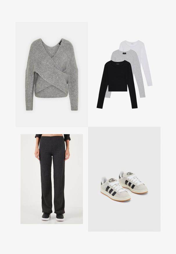 Gray wrap sweater with a deep V-neck, long sleeves, and ribbed texture. Made from a soft knit material with a layered, asymmetrical design.; Three long-sleeve tops stacked: black, grey, and white. Each has a round neckline and a cropped design with smooth, lightweight fabric.; Dark gray, ribbed fabric pants with a straight leg design. Features a flat waistband and subtle texture, paired with black sneakers.; Gray suede sneakers with white laces, black stripes, and a white rubber sole. Features a circular logo on the tongue and a gum sole.