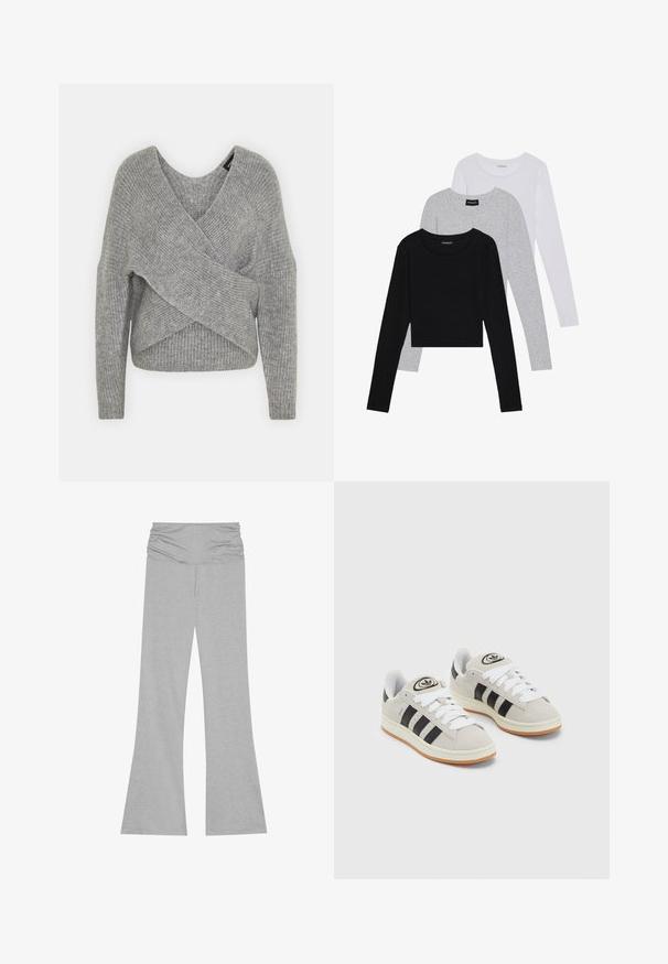 Hallide hallhargus, sügava V-kaelusega, pikkade varrukatega ja ribatrepiga. Valmistatud pehmest kudumismetallist, millel on kihiline, asümmeetriline disain.; Kolm pikkade varrukatega toppi, mis on üksteise peale asetatud: must, hall ja valge. Igal ühel on ümar kaelus ja lühike disain, valmistatud siledast, kergekaalulisest kangast.; Hõlmadega hallid püksid, mis on valmistatud pehmest ja venivast kangast. Omavad mugavustunde jaoks kogutud vöökohta. Sile tekstuur ja vaba lõige üle kogu keha.; Hallid hallid nahkrennid valgete paeltega, mustade triipudega ja valge kummitaldiga. Omab ümmargust logo keeles ja kummitalda.