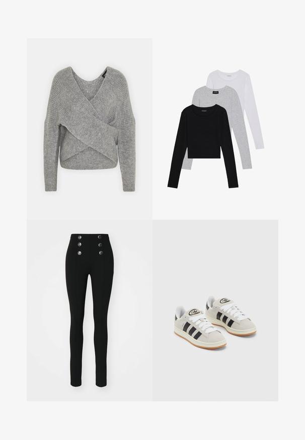 Szary sweter o luźnym kroju z głębokim dekoltem w kształcie litery V, długimi rękawami i prążkowaną teksturą. Wykonany z miękkiego materiału dzianinowego z warstwowym, asymetrycznym wzorem.; Trzy bluzki z długim rękawem ułożone jedna na drugiej: czarna, szara i biała. Każda z okrągłym dekoltem i skróconym fasonem, wykonana z gładkiego, lekkiego materiału.; ONLY ONLNORI czarny; Szare zamszowe trampki z białymi sznurówkami, czarnymi paskami i białą gumową podeszwą. Posiadają okrągłe logo na języku oraz gumową podeszwę.