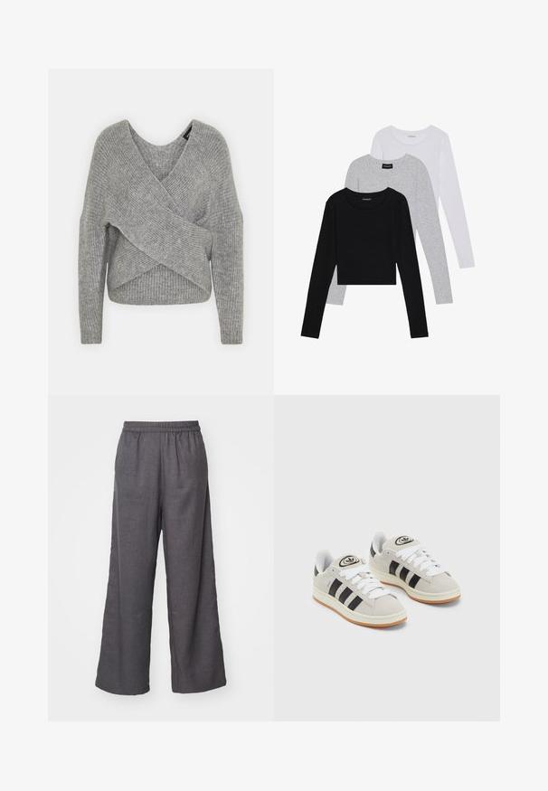 Szürke, mély V kivágású, hosszú ujjú kötött pulóver, bordás textúrával. Puha kötött anyagból készült, réteges, aszimmetrikus dizájnnal.; Három hosszú ujjú póló egymásra rakva: fekete, szürke és fehér. Mindegyiknek kerek nyaka van, és rövidített fazonnal rendelkezik, sima, könnyű anyagból készült.; Széles szárú, sötétszürke nadrág, könnyű anyagból készült. Rugalmas derékkal és letisztult, minimalista dizájnnal rendelkezik.; Szürke velúr sportcipők fehér fűzővel, fekete csíkokkal és fehér gumitalppal. A nyelvén kör alakú logó található, illetve a talpa színes gumi.
