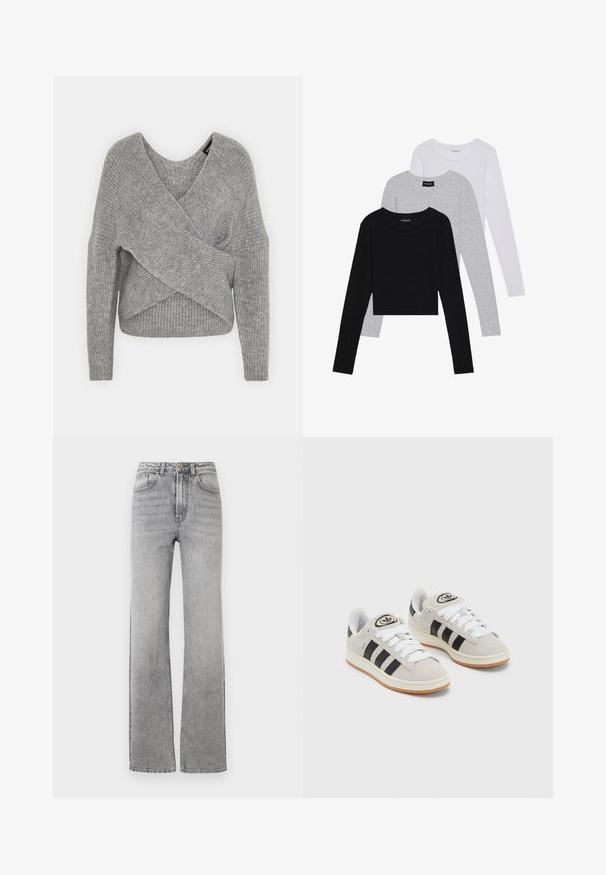 Pullover griș cu un decolteu adânc în V, mâneci lungi și textură cu ochiuri. Fabricat dintr-un material tricotat moale, cu un design stratificat și asimetric.; Trei bluze cu mânecă lungă așezate: neagră, gri și albă. Fiecare are un guler rotund și un design scurt, realizat dintr-un material fin și ușor.; Jeans din denim gri estompat, cu picioare drepte, închidere cu buton și fermoar, buzunare frontale și urechi pentru curea, pe un fundal alb.; Adidași din suede gri cu șireți albi, dungi negre și talpă din cauciuc alb. Prezintă un logo circular pe limbă și o talpă din cauciuc.