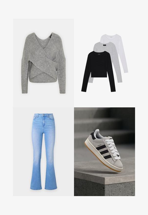 Grå omslagströja med djup V-ringning, långa ärmar och ribbad struktur. Tillverkad av ett mjukt stickat material med en lager-på-lager, asymmetrisk design.; Tre långärmade tröjor staplade: svart, grå och vit. Var och en har en rund halsringning och en kort design med mjukt, lätt material.; Ljusblå utsvängda jeans med hög midja, tillverkade av denim. Har en jämn yta och en subtil blekning mot fållen. Klassisk femficksdesign.; Grå Adidas Campus-sneaker med svarta ränder och vita skosnören som svävar ovanför en betongkant med trappor i bakgrunden.