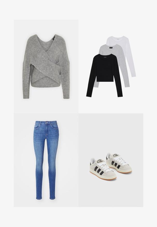Sivý cardigan s hlbokým V- výstrihom, dlhými rukávmi a rebrovanou textúrou. Vyrobený z mäkkého pleteného materiálu s viacvrstvovým, asymetrickým dizajnom.; Tričko s dlhým rukávom v troch farbách: čiernej, sivej a bielej. Každé má okrúhly výstrih a skrátený strih vyrobený z hladkej, ľahkej tkaniny.; Úzke džínsy v stredne modrej denimovej farbe, s vysokým pásom, päť-pocket dizajnom a miernym vyblednutím na stehnách pre opotrebovaný vzhľad.; Sivé semišové tenisky s bielymi šnúrkami, čiernymi pruhmi a bielou gumovou podrážkou. Obsahujú okrúhly logo na jazyku a gumenú podrážku.