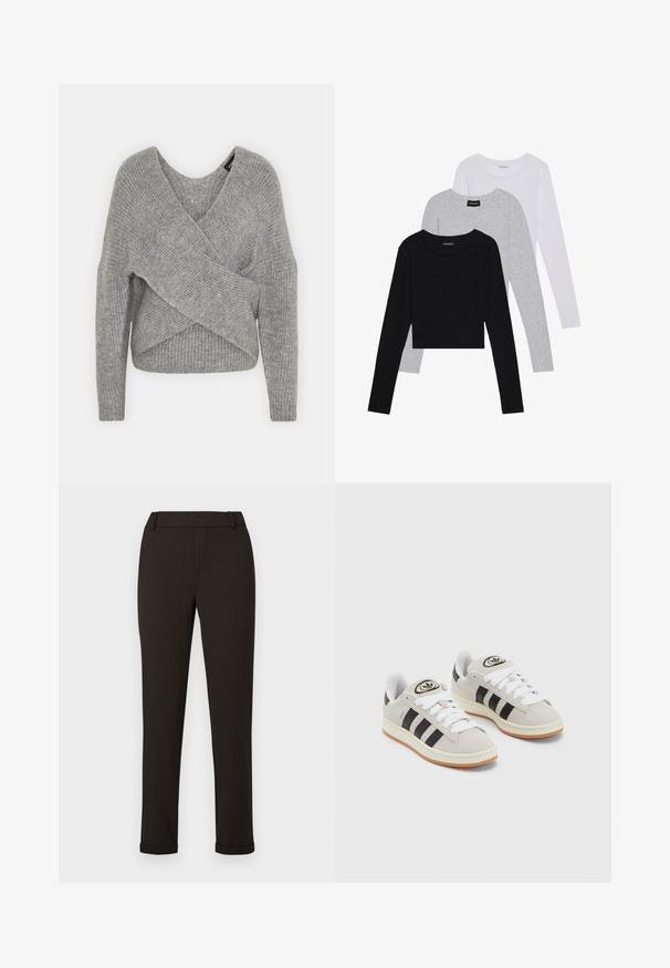 Harmaa neulejakku, jossa on syvä V-kaula-aukko, pitkät hihat ja ribboitu pinta. Valmistettu pehmeästä neuloksesta, jossa on kerroksellinen ja epäsymmetrinen muotoilu.; Kolme pitkähihasta paita päällekkäin: musta, harmaa ja valkoinen. Jokaisessa on pyöreä pääntie ja lyhennetty muotoilu, jossa on sileä ja kevyt kangas.; Mustat slim-fit-housut, joissa on vyölenkit ja lahkeenkärjet, tyhjää valkoista taustaa vasten.; Harmaat mokkasiinikenkä, joissa on valkoiset nauhat, mustat raidat ja valkoinen kumipohja. Kantajassa on pyöreä logo ja vaaleanruskea pohja.