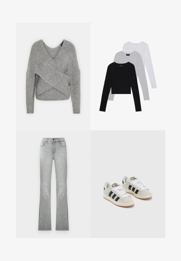 Maglione avvolgente grigio con scollatura a V profonda, maniche lunghe e texture a coste. Realizzato in un morbido materiale in maglia con un design asimmetrico a strati.; Tre magliette a maniche lunghe impilate: nera, grigia e bianca. Ognuna ha un colletto rotondo e un design accorciato con tessuto morbido e leggero.; Jeans svasati di un grigio chiaro con una texture denim liscia, dotati di tasche frontali e chiusura con bottone. L'orlo presenta fessure laterali per un dettaglio aggiuntivo.; Sneakers in suede grigio con lacci bianchi, strisce nere e suola in gomma bianca. Presentano un logo circolare sulla linguetta e una suola in gomma.