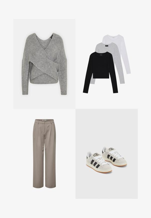 Maglione avvolgente grigio con scollatura a V profonda, maniche lunghe e texture a coste. Realizzato in un morbido materiale in maglia con un design asimmetrico a strati.; Tre magliette a maniche lunghe impilate: nera, grigia e bianca. Ognuna ha un colletto rotondo e un design accorciato con tessuto morbido e leggero.; Pantaloni larghi color marrone chiaro, dotati di pieghe, texture liscia e una cintura pulita. Semplici e versatili per vari outfit.; Sneakers in suede grigio con lacci bianchi, strisce nere e suola in gomma bianca. Presentano un logo circolare sulla linguetta e una suola in gomma.