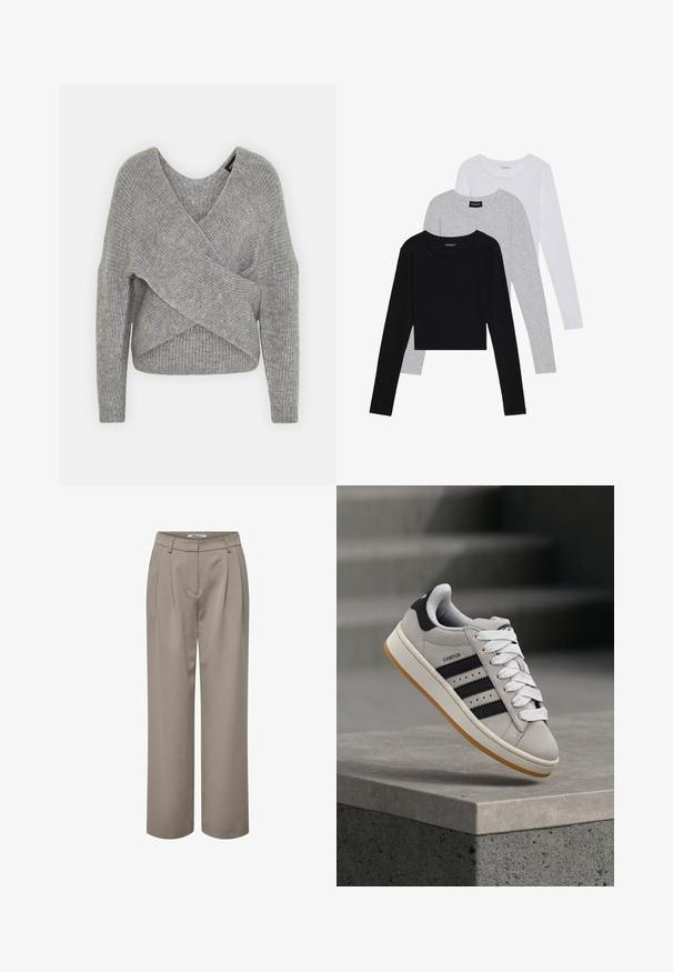 Suéter gris envolvente con un profundo escote en V, mangas largas y textura acanalada. Fabricado con un material de punto suave y un diseño asimétrico en capas.; Tres camisetas de manga larga apiladas: negra, gris y blanca. Cada una tiene un escote redondo y un diseño recortado con una tela suave y ligera.; Pantalones de pierna ancha en marrón claro, con pliegues, una textura suave y un diseño de cinturilla limpio. Simples y versátiles para varios conjuntos.; Zapatilla Adidas Campus gris con rayas negras y cordones blancos flotando sobre un borde de hormigón con escaleras al fondo.