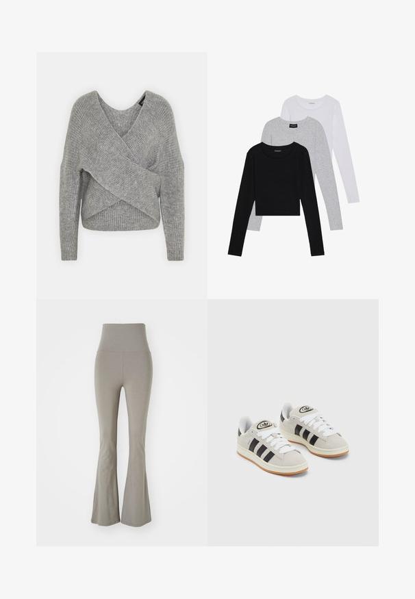 Siva ovitek pulover z globokim V-izrezom, dolgimi rokavi in ribasto teksturo. Narejen iz mehke pletene tkanine z plastnim, asimetričnim dizajnom.; Tri dolga rokava zložena: črna, siva in bela. Vsaka ima okroglo izreznico in skrajšan dizajn z gladkim, lahkotnim materialom.; Visok Pas, razširjene legice iz svetlo sive tkanine. Imajo gladko teksturo in elastično, prilegajočo se zasnovo. Ni vidne kovinske opreme.; Sive športne čevlje iz semiša z belimi vezalkami, črnimi črtami in belim gumijastim podplatom. Imajo okroglo oznako na ježku in podplat iz gume.