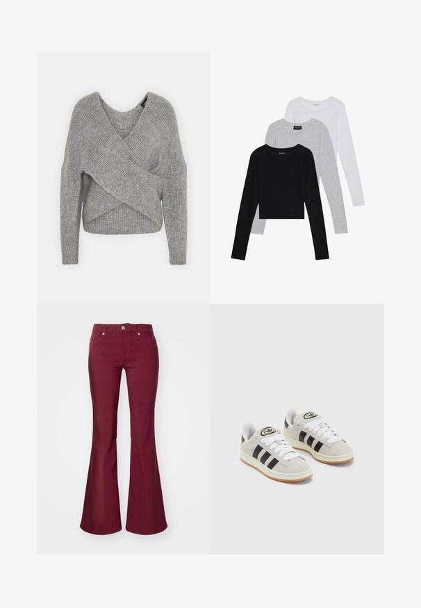 Harmaa neulejakku, jossa on syvä V-kaula-aukko, pitkät hihat ja ribboitu pinta. Valmistettu pehmeästä neuloksesta, jossa on kerroksellinen ja epäsymmetrinen muotoilu.; Kolme pitkähihasta paita päällekkäin: musta, harmaa ja valkoinen. Jokaisessa on pyöreä pääntie ja lyhennetty muotoilu, jossa on sileä ja kevyt kangas.; Burgundy flared jeans dengan tekstur halus, lima saku, dan penutupan kancing di pinggang. Memiliki pinggang yang pas dan kaki lebar.; Harmaat mokkasiinikenkä, joissa on valkoiset nauhat, mustat raidat ja valkoinen kumipohja. Kantajassa on pyöreä logo ja vaaleanruskea pohja.