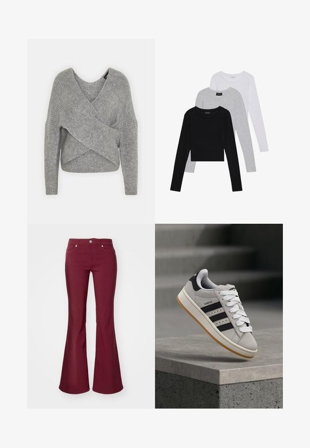 Pull en gris avec un col en V profond, des manches longues et une texture côtelée. Fabriqué en matériau tricoté doux avec un design asymétrique superposé.; Trois hauts à manches longues empilés : noir, gris et blanc. Chacun a un col rond et un design court avec un tissu lisse et léger.; Jeans évasés bordeaux avec une texture lisse, cinq poches et une fermeture à boutons à la taille. Ils possèdent une taille ajustée et des jambes larges.; Baskets Adidas Campus grises avec des rayures noires et des lacets blancs flottant au-dessus d'un rebord en béton avec des escaliers en arrière-plan.
