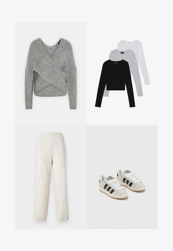 Grau umwickelter Pullover mit tiefem V-Ausschnitt, langen Ärmeln und gerippter Textur. Hergestellt aus einem weichen Strickmaterial mit einem geschichteten, asymmetrischen Design.; Drei langärmelige Oberteile gestapelt: schwarz, grau und weiß. Jedes hat einen runden Halsausschnitt und ein kurzes Design aus glattem, leichtem Stoff.; Helle beige Jogginghose mit elastischem Bund und Bündchen, aus weichem, strukturiertem Stoff. Bietet eine lässige Passform und ein schlichtes Design.; Graue Wildledersneaker mit weißen Schnürsenkeln, schwarzen Streifen und einer weißen Gummisohle. Merkmale sind ein kreisförmiges Logo auf der Zunge und eine Gummisohle.