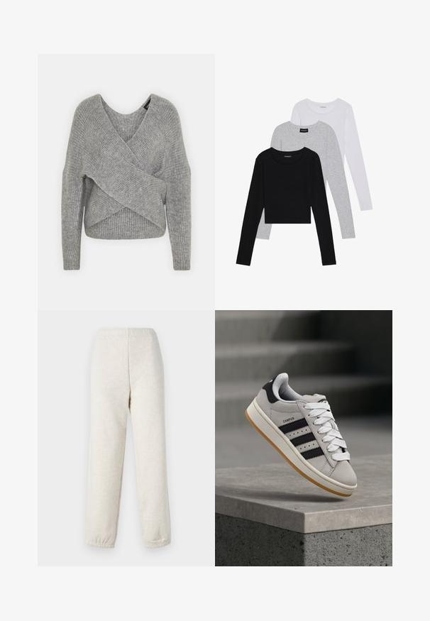 Grå indpakningssweater med dyb V-udskæring, lange ærmer og ribbet tekstur. Fremstillet i et blødt strikkemateriale med et lagdelt, asymmetrisk design.; Tre langærmede toppe stablet: sort, grå og hvid. Hver har en rund halsudskæring og et cropped design med glat, let stof.; Lyse beige sweatpants med elastisk talje og manchetter, lavet af blødt, struktureret stof. Har en afslappet pasform og enkelt design.; Grå Adidas Campus-sneaker med sorte striber og hvide snørebånd, der svæver over en betonkant med trapper i baggrunden.