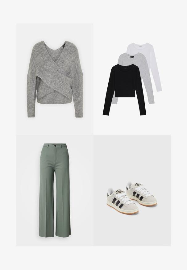Siva ovitek pulover z globokim V-izrezom, dolgimi rokavi in ribasto teksturo. Narejen iz mehke pletene tkanine z plastnim, asimetričnim dizajnom.; Tri dolga rokava zložena: črna, siva in bela. Vsaka ima okroglo izreznico in skrajšan dizajn z gladkim, lahkotnim materialom.; Široke hlače iz tkanine v umirjeni zeleni barvi, ki imajo sprednje zapiranje na gumb in gladko teksturo. Brez vidnih vzorcev ali poudarkov.; Sive športne čevlje iz semiša z belimi vezalkami, črnimi črtami in belim gumijastim podplatom. Imajo okroglo oznako na ježku in podplat iz gume.